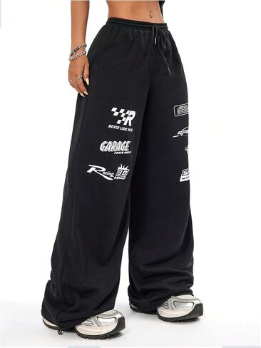 Verdusa Women's Elastic Waist Drawstring Loose Jogger Pants Letter Printed Wide Leg Sweatpants in Saudi Arabia