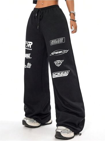 Verdusa Women's Elastic Waist Drawstring Loose Jogger Pants Letter Printed Wide Leg Sweatpants in Saudi Arabia