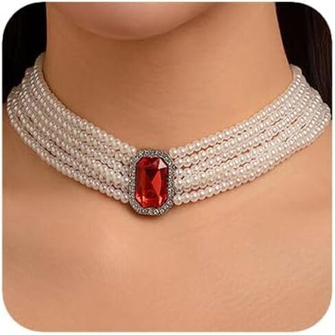 fxmimior Women Boho Multilayer 1920s Rhinestone Necklaces Green Red Dainty Pearls Layered Choker Necklaces Black Fashion Chunky Pendant Adjustable Layering Chain Necklaces for Women in Kuwait