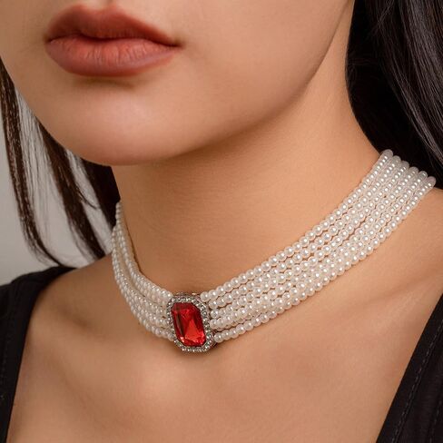 fxmimior Women Boho Multilayer 1920s Rhinestone Necklaces Green Red Dainty Pearls Layered Choker Necklaces Black Fashion Chunky Pendant Adjustable Layering Chain Necklaces for Women in Kuwait