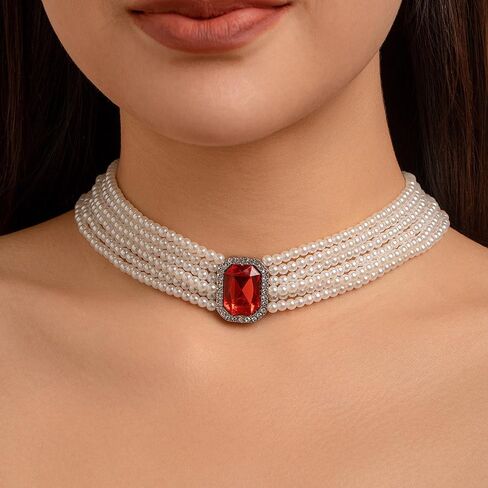 fxmimior Women Boho Multilayer 1920s Rhinestone Necklaces Green Red Dainty Pearls Layered Choker Necklaces Black Fashion Chunky Pendant Adjustable Layering Chain Necklaces for Women in Kuwait