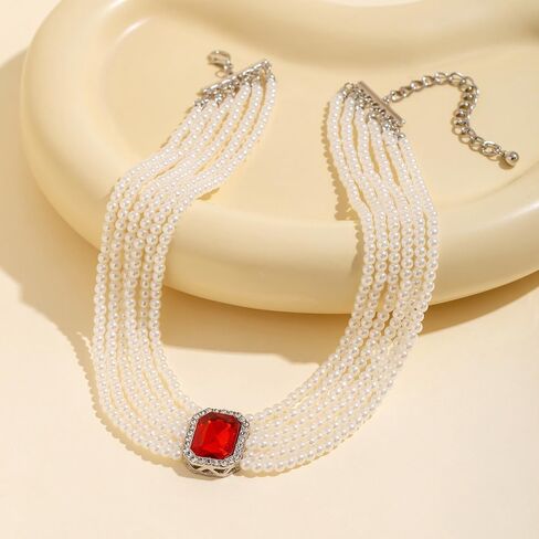 fxmimior Women Boho Multilayer 1920s Rhinestone Necklaces Green Red Dainty Pearls Layered Choker Necklaces Black Fashion Chunky Pendant Adjustable Layering Chain Necklaces for Women in Kuwait