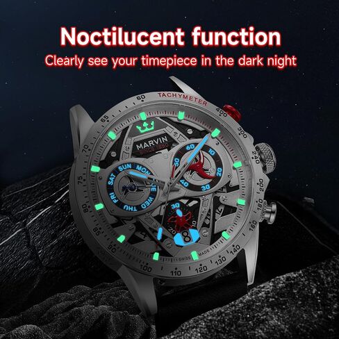 marvin Chronograph Watches for Men Swiss Mens Watch Luxury Men's Wrist Watches with Leather Strap and Weekday,Hour,Date Dial,Quartz Movement,Stainless Steel Case, Luminous,50M Waterproof in Saudi Arabia