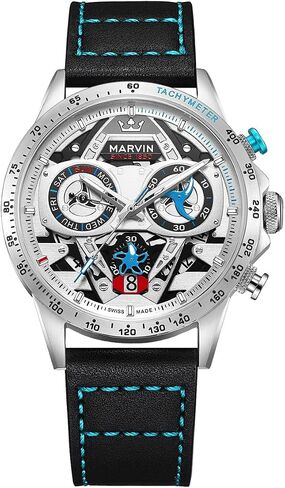 marvin Chronograph Watches for Men Swiss Mens Watch Luxury Men's Wrist Watches with Leather Strap and Weekday,Hour,Date Dial,Quartz Movement,Stainless Steel Case, Luminous,50M Waterproof in Saudi Arabia