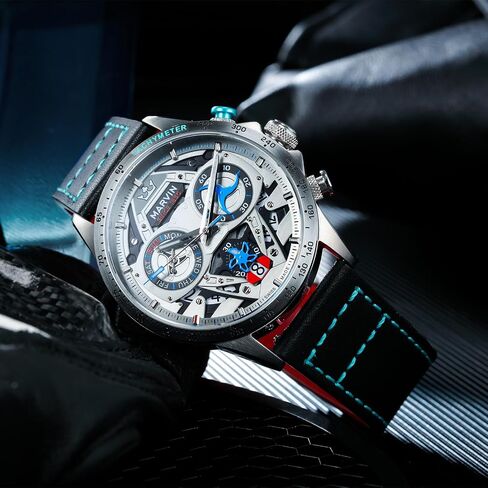 marvin Chronograph Watches for Men Swiss Mens Watch Luxury Men's Wrist Watches with Leather Strap and Weekday,Hour,Date Dial,Quartz Movement,Stainless Steel Case, Luminous,50M Waterproof in Saudi Arabia