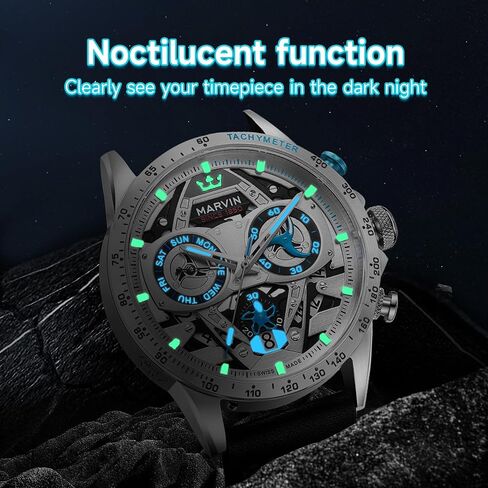 marvin Chronograph Watches for Men Swiss Mens Watch Luxury Men's Wrist Watches with Leather Strap and Weekday,Hour,Date Dial,Quartz Movement,Stainless Steel Case, Luminous,50M Waterproof in Saudi Arabia