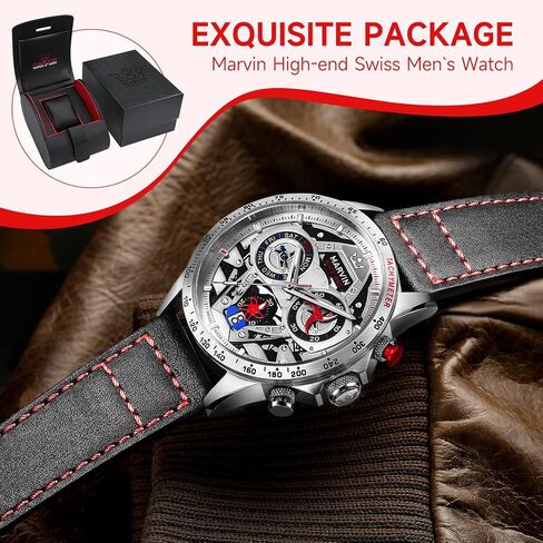 marvin Chronograph Watches for Men Swiss Mens Watch Luxury Men's Wrist Watches with Leather Strap and Weekday,Hour,Date Dial,Quartz Movement,Stainless Steel Case, Luminous,50M Waterproof in Saudi Arabia