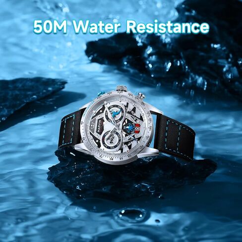 marvin Chronograph Watches for Men Swiss Mens Watch Luxury Men's Wrist Watches with Leather Strap and Weekday,Hour,Date Dial,Quartz Movement,Stainless Steel Case, Luminous,50M Waterproof in Saudi Arabia