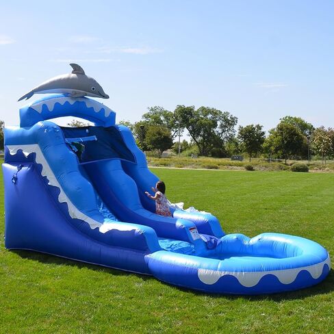 HeroKiddo 13’ Dolphin Commercial Grade Water Slide with Pool for Kids and Adults (with Blower), Wet Dry Use, Outdoor Indoor, Birthday Party, Rental Quality in Saudi Arabia