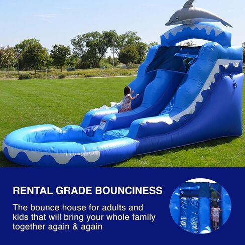HeroKiddo 13’ Dolphin Commercial Grade Water Slide with Pool for Kids and Adults (with Blower), Wet Dry Use, Outdoor Indoor, Birthday Party, Rental Quality in Saudi Arabia
