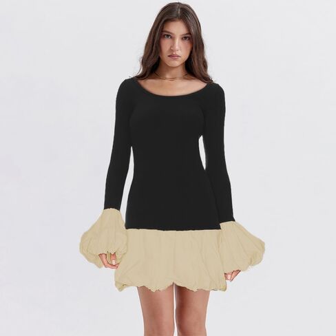 Women's 2024 Fall Dress Sexy Crew Neck Puffy Long Sleeve Bubble Party Club Bodycon Mini Dresses in Kuwait