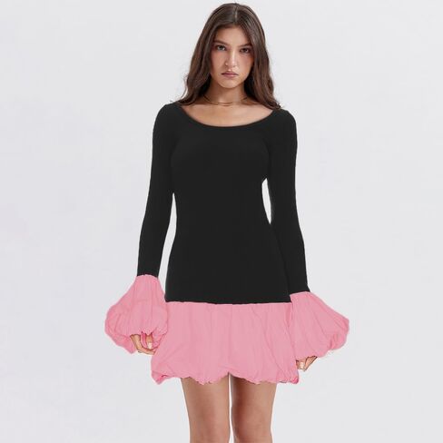 Women's 2024 Fall Dress Sexy Crew Neck Puffy Long Sleeve Bubble Party Club Bodycon Mini Dresses in Kuwait