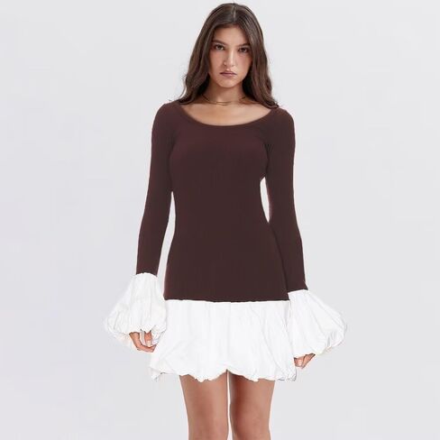 Women's 2024 Fall Dress Sexy Crew Neck Puffy Long Sleeve Bubble Party Club Bodycon Mini Dresses in Kuwait