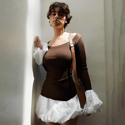 Women's 2024 Fall Dress Sexy Crew Neck Puffy Long Sleeve Bubble Party Club Bodycon Mini Dresses in Kuwait