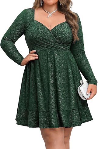 Plus Size Cocktail Dress - Sparkly New Year Eve Party Holiday Wrap V Neck Short Dress in Saudi Arabia