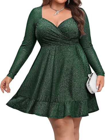 Plus Size Cocktail Dress - Sparkly New Year Eve Party Holiday Wrap V Neck Short Dress in Saudi Arabia