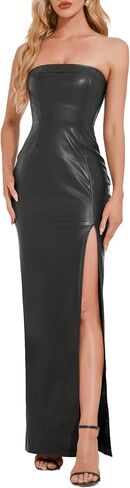 OVRUNS Leather Dress for Women Strapless Faux Leather Split Thigh Maxi Pu Dress for Party Cocktail in Kuwait