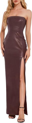 OVRUNS Leather Dress for Women Strapless Faux Leather Split Thigh Maxi Pu Dress for Party Cocktail in Kuwait