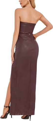 OVRUNS Leather Dress for Women Strapless Faux Leather Split Thigh Maxi Pu Dress for Party Cocktail in Kuwait