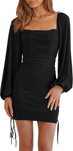 Imysty Womens Mesh Long Sleeve Square Neck Bodycon Ruched Party Cocktail Drawstring Mini Dress in Saudi Arabia