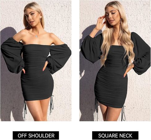 Imysty Womens Mesh Long Sleeve Square Neck Bodycon Ruched Party Cocktail Drawstring Mini Dress in Saudi Arabia