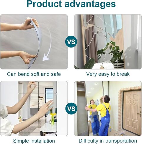 Full Length Wall Mirror, 12 Pcs 14 x 14 Inch Full Body Mirror Tiles for Bedroom Home Gym Door Dorm, 2mm Thickened Acrylic Mirror Stickers for Walls in Saudi Arabia
