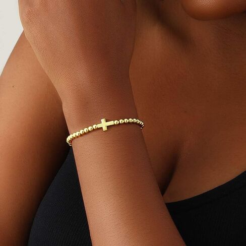Gold Beaded Bracelets for Women, 14K Real Gold Plated Hypoallergenic Stackable Stretch Bracelets Dainty Gold Filled Bead Bracelets Handmade Ball Bead Charm Bracelet for Women Trendy Gold Jewelry in Saudi Arabia