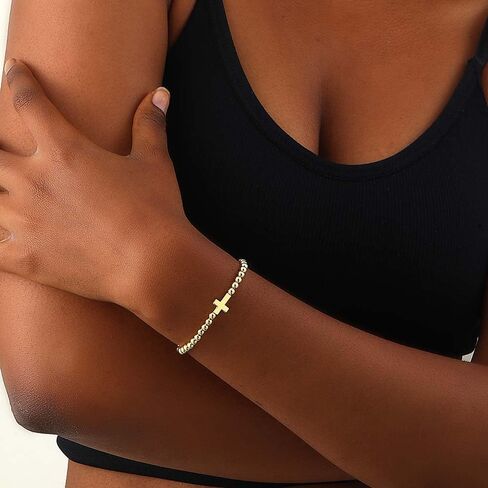 Gold Beaded Bracelets for Women, 14K Real Gold Plated Hypoallergenic Stackable Stretch Bracelets Dainty Gold Filled Bead Bracelets Handmade Ball Bead Charm Bracelet for Women Trendy Gold Jewelry in Saudi Arabia