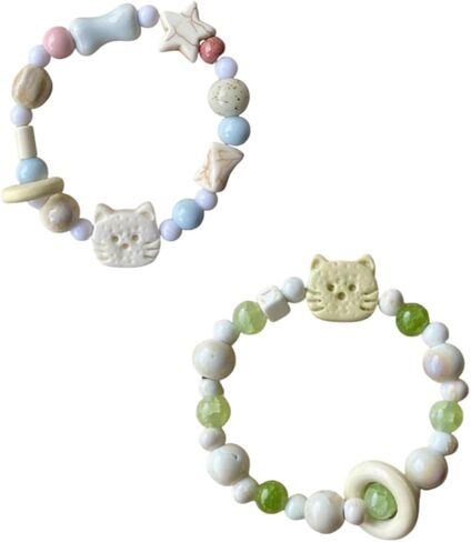 أساور مطرزة بالسيراميك من Aimery للنساء، أساور مطرزة بالخرز قابلة للتمدد على الموضة الرجعية للنساء (قطعتان) in Kuwait