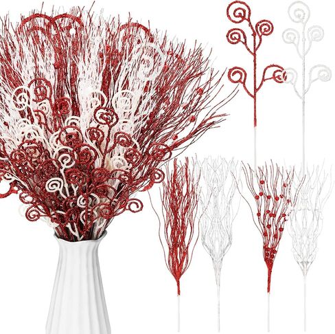 Tigeen 48 Pcs Christmas 17'' 12'' Artificial Glitter Curly Berry Stems Ornaments Fake Christmas Candy Picks Decorative Glitter Sticks Branches for Xmas Tree Wreath DIY Crafts Vase Filler(White) in Saudi Arabia