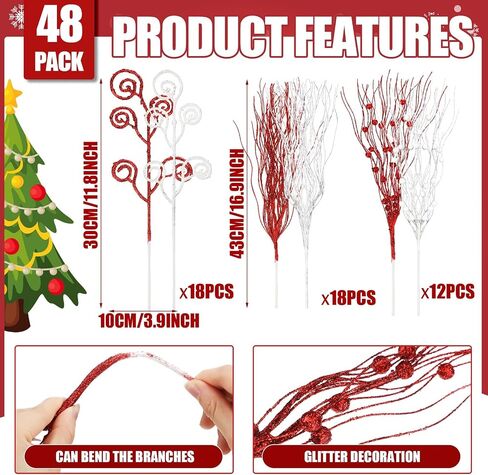 Tigeen 48 Pcs Christmas 17'' 12'' Artificial Glitter Curly Berry Stems Ornaments Fake Christmas Candy Picks Decorative Glitter Sticks Branches for Xmas Tree Wreath DIY Crafts Vase Filler(White) in Saudi Arabia