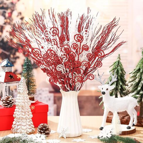 Tigeen 48 Pcs Christmas 17'' 12'' Artificial Glitter Curly Berry Stems Ornaments Fake Christmas Candy Picks Decorative Glitter Sticks Branches for Xmas Tree Wreath DIY Crafts Vase Filler(White) in Saudi Arabia