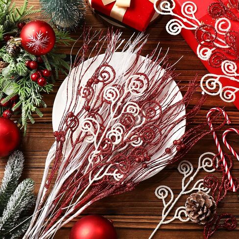 Tigeen 48 Pcs Christmas 17'' 12'' Artificial Glitter Curly Berry Stems Ornaments Fake Christmas Candy Picks Decorative Glitter Sticks Branches for Xmas Tree Wreath DIY Crafts Vase Filler(White) in Saudi Arabia
