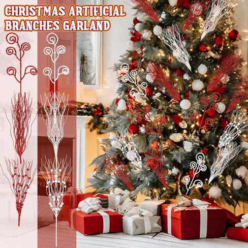 Tigeen 48 Pcs Christmas 17'' 12'' Artificial Glitter Curly Berry Stems Ornaments Fake Christmas Candy Picks Decorative Glitter Sticks Branches for Xmas Tree Wreath DIY Crafts Vase Filler(White) in Saudi Arabia