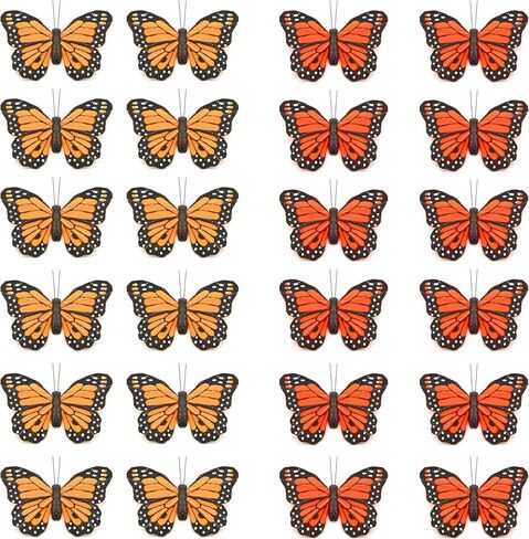 HNH 24PCS 3D Artificial Butterflies Realistic with Clip Monarch Butterfly Decorations Wall Butterflies to Decorate for Halloween,Craft，Home - 2.36" Monarch Butterfly Kit 1104C in Kuwait