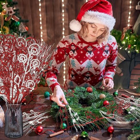 Tigeen 48 Pcs Christmas 17'' 12'' Artificial Glitter Curly Berry Stems Ornaments Fake Christmas Candy Picks Decorative Glitter Sticks Branches for Xmas Tree Wreath DIY Crafts Vase Filler(White) in Saudi Arabia