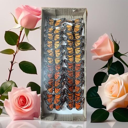 HNH 24PCS 3D Artificial Butterflies Realistic with Clip Monarch Butterfly Decorations Wall Butterflies to Decorate for Halloween,Craft，Home - 2.36" Monarch Butterfly Kit 1104C in Kuwait