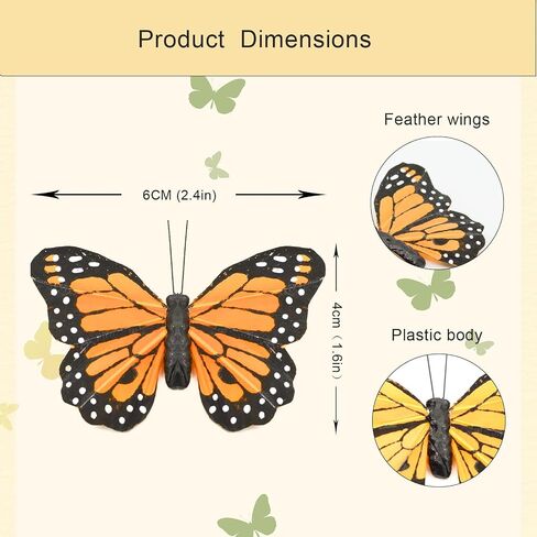 HNH 24PCS 3D Artificial Butterflies Realistic with Clip Monarch Butterfly Decorations Wall Butterflies to Decorate for Halloween,Craft，Home - 2.36" Monarch Butterfly Kit 1104C in Kuwait