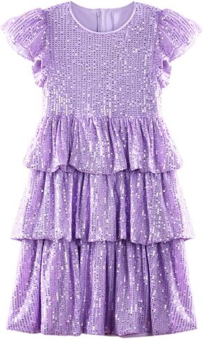 WELAKEN Girls Sequin Dress Glittering Flutter Sleeve Tiered Layer Birthday Party Dresses in Kuwait