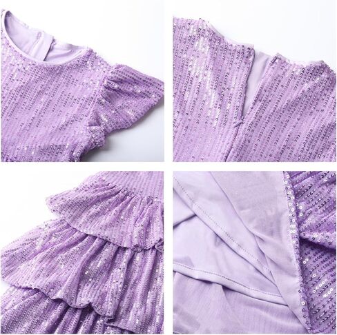 WELAKEN Girls Sequin Dress Glittering Flutter Sleeve Tiered Layer Birthday Party Dresses in Kuwait