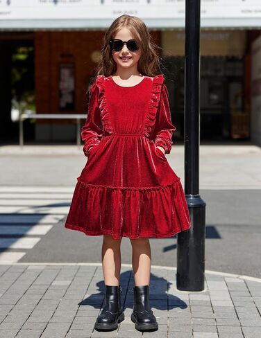 Arshiner Girls Dress Long Sleeve A Line Ruffled Smocked Casual Dress with Pockets 5-14 Years in Saudi Arabia