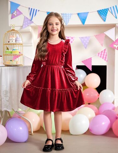Arshiner Girls Dress Long Sleeve A Line Ruffled Smocked Casual Dress with Pockets 5-14 Years in Saudi Arabia