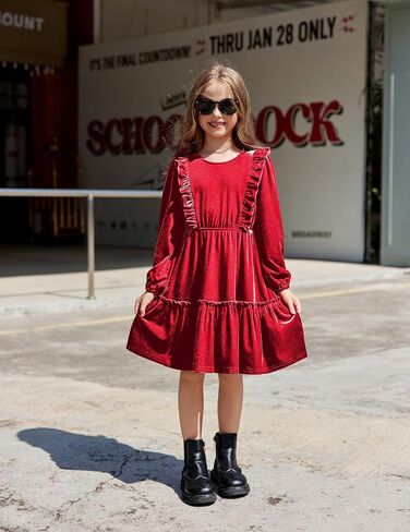 Arshiner Girls Dress Long Sleeve A Line Ruffled Smocked Casual Dress with Pockets 5-14 Years in Saudi Arabia