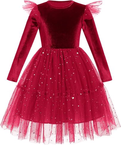 IBAKOM Girl Shiny Sequins Velvet Tulle Dress Long Sleeve Toddler Christmas Outfits Fall Winter Baby Formal Wedding Dresses in Kuwait