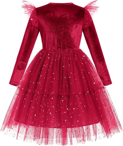 IBAKOM Girl Shiny Sequins Velvet Tulle Dress Long Sleeve Toddler Christmas Outfits Fall Winter Baby Formal Wedding Dresses in Kuwait