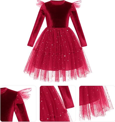 IBAKOM Girl Shiny Sequins Velvet Tulle Dress Long Sleeve Toddler Christmas Outfits Fall Winter Baby Formal Wedding Dresses in Kuwait