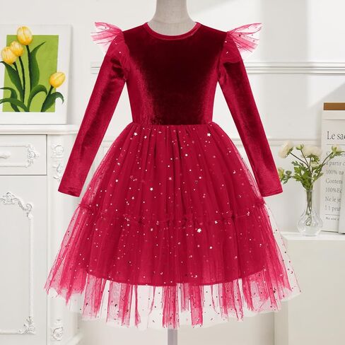 IBAKOM Girl Shiny Sequins Velvet Tulle Dress Long Sleeve Toddler Christmas Outfits Fall Winter Baby Formal Wedding Dresses in Kuwait
