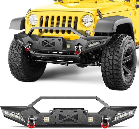 KYX Front Bumper Compatible for 2007-2018 Jeep Wrangler JK & JK Unlimited 2/4 Doors Off Road Wrangler JK Front Bumper with Winch Plate, 4X LED Lights, D-rings Rock Crawler Bumper in Saudi Arabia