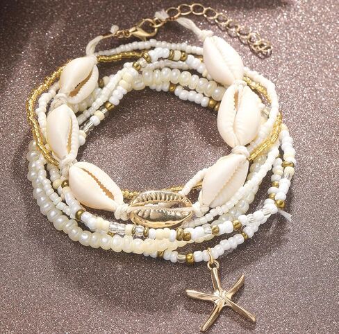 Starfish Shell Ankle Bracelet for Women Boho Stackable Beaded Anklet Adjustable Summer Beach Seashell Ankle Bracelet for Women Conch Hawaiian Foot Jewelry in Saudi Arabia