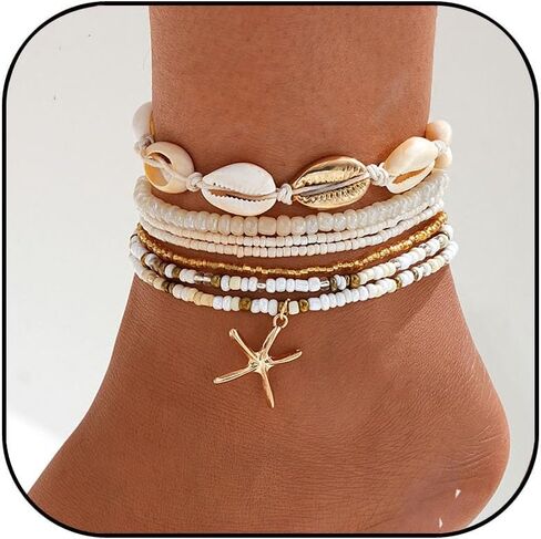 Starfish Shell Ankle Bracelet for Women Boho Stackable Beaded Anklet Adjustable Summer Beach Seashell Ankle Bracelet for Women Conch Hawaiian Foot Jewelry in Saudi Arabia